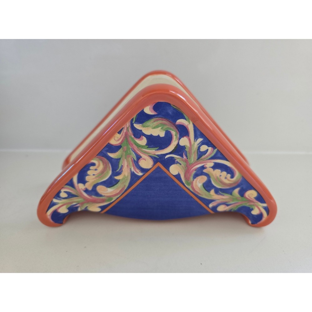 Pfaltzgraff Villa della Luna Ceramic Napkin Holder Blue Orange Scroll 2004